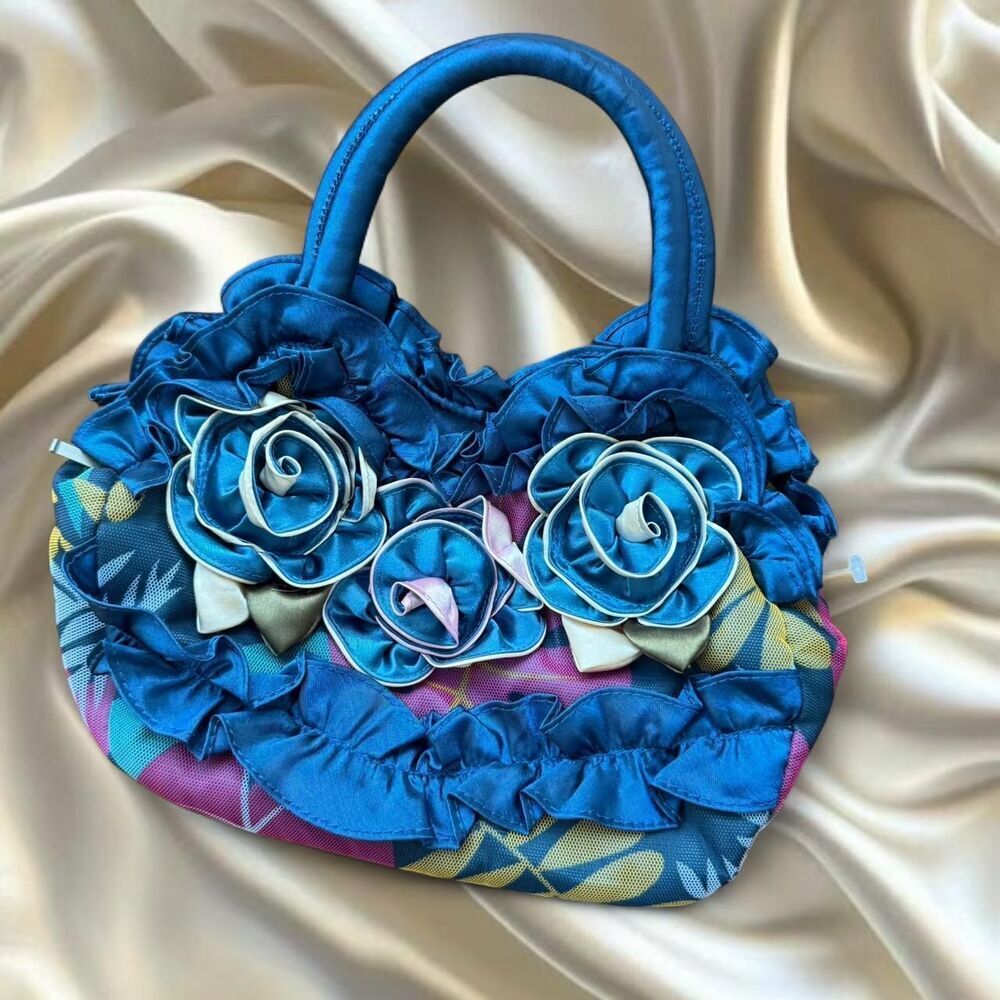Blue Maximalist Floral Fabric Handbag Lightweight Versatile bag small size